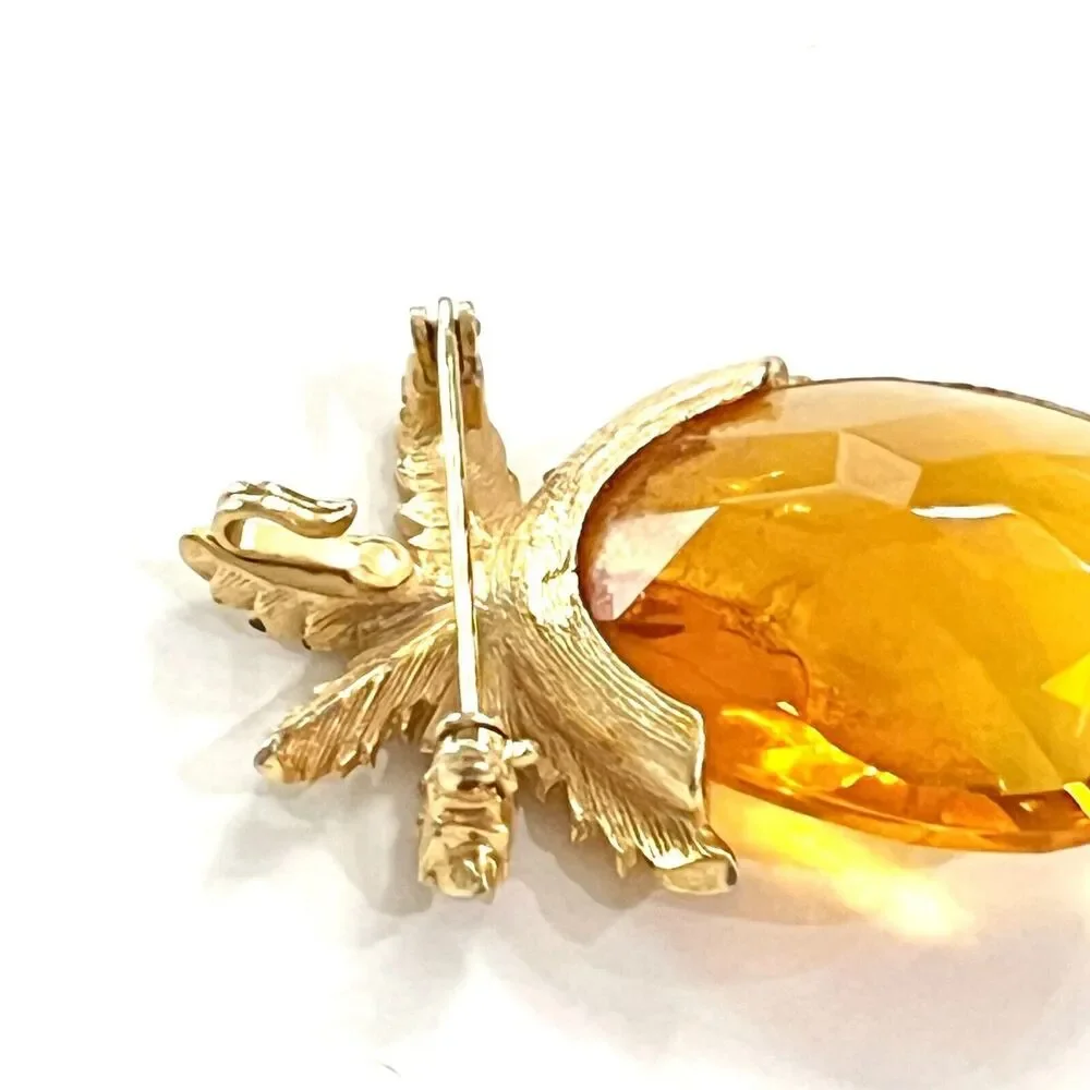Mid Century Sarah Coventry Gold Tone Amber Glass Leaf Brooch Statement Pin